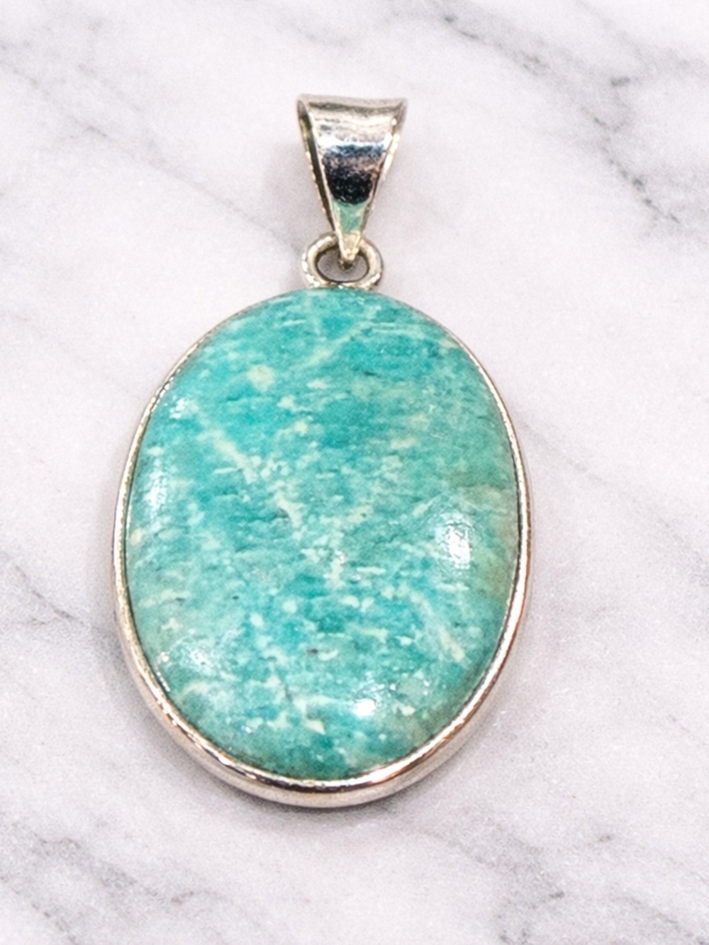 Amazonite Pendant Sterling Silver Oval Cabochon Aqua Stone Boho